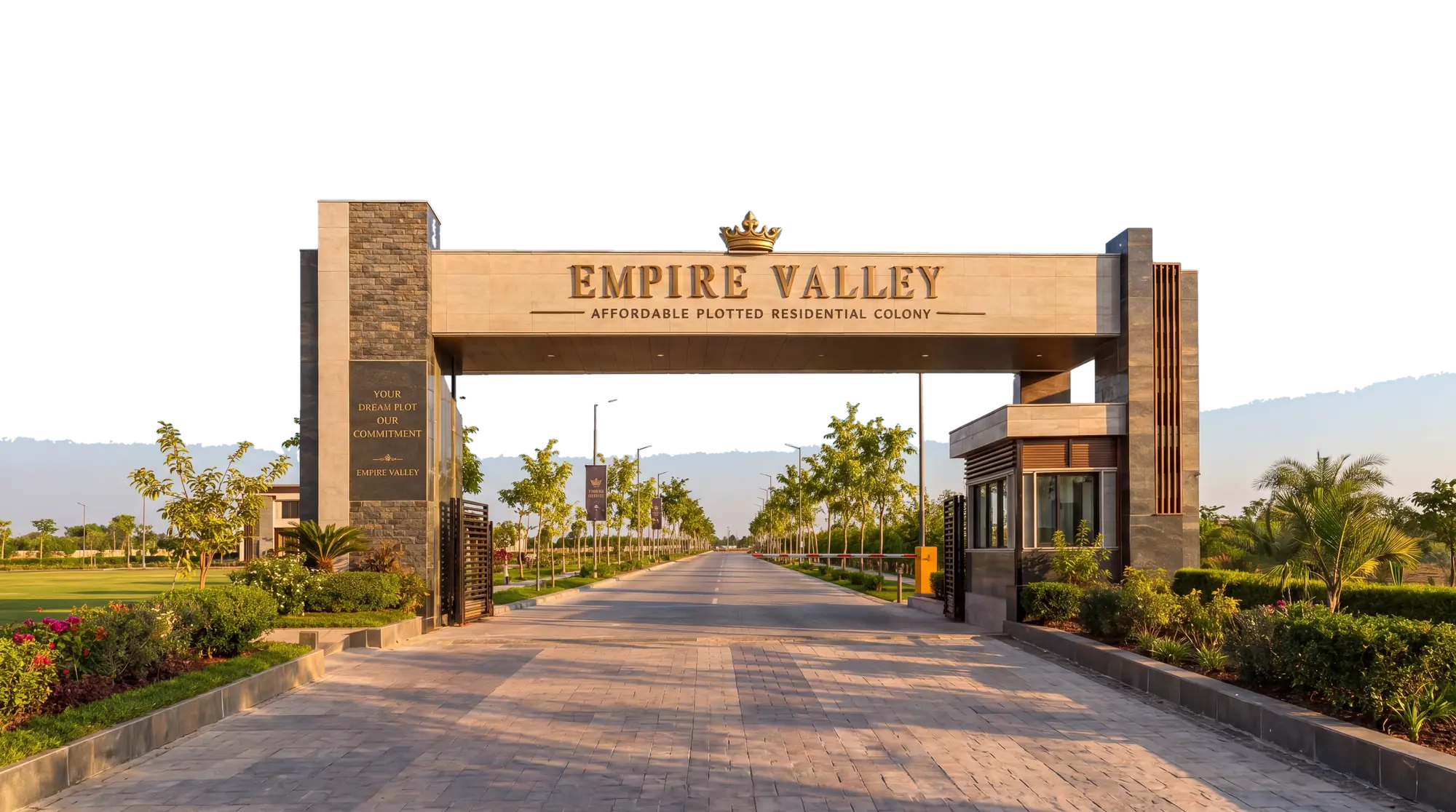 Empire Valley entrance gate at golden hour — artist's impression